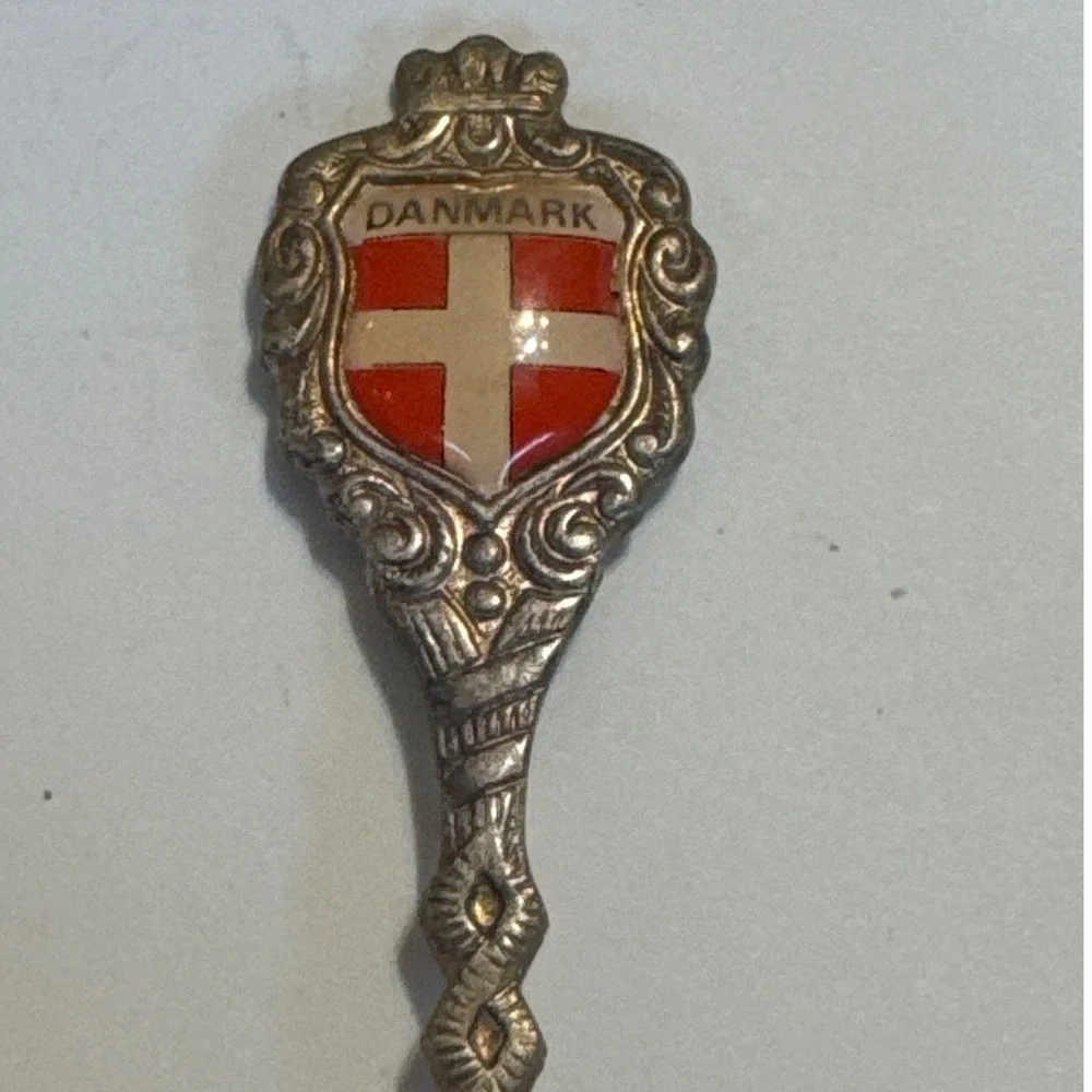 Vintage Danmark Denmark Souvenir Spoon Enamel Shield Coat‎ of Arms Silverplated